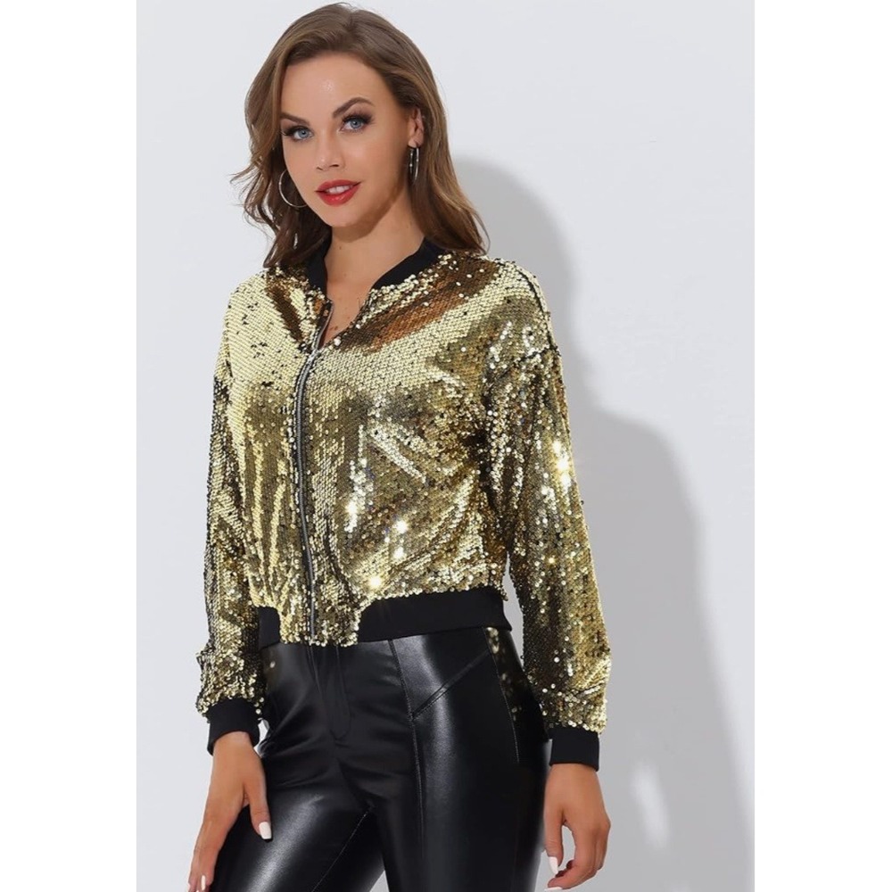Allegra K Gold Sequin Bomber Jacket‎ Women's Size L Shimmer Sparkle Glam NWT